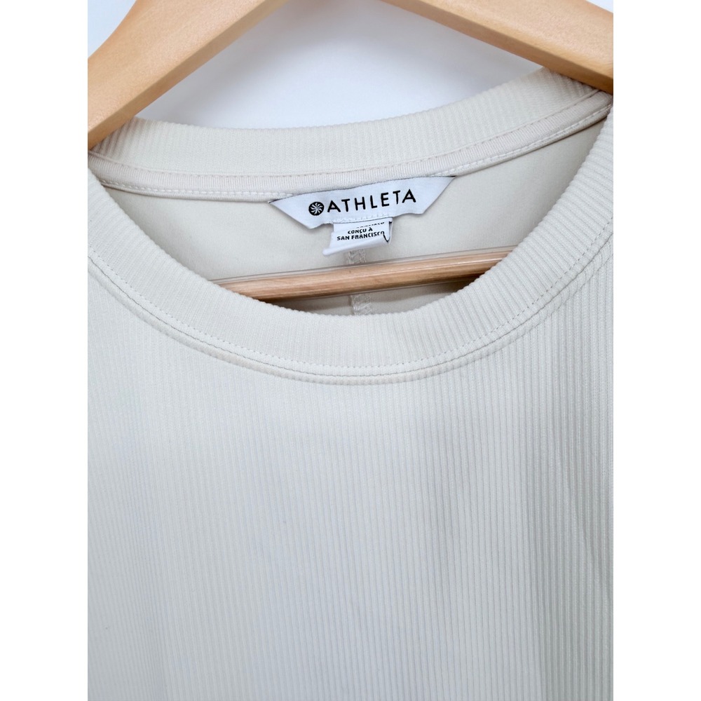 Athleta Renew Ribbed T-Shirt Dress M Beige Short Pockets Quiet Luxury Yoga - Picture 8 of 9